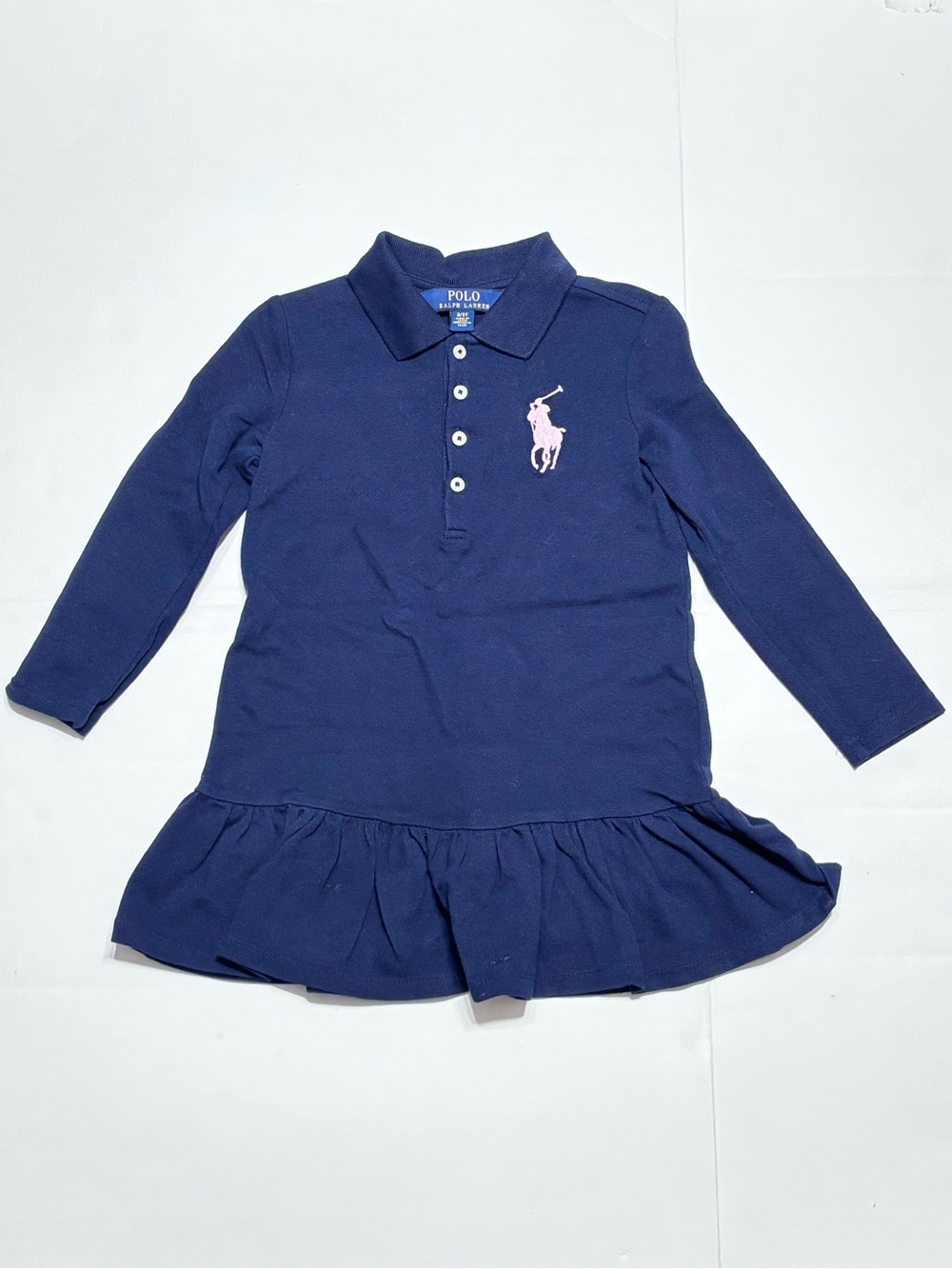 Ralph Lauren Navy Big Pony Long Sleeve Drop Waist Cotton Mesh Polo Dress Girl 3T - Picture 2 of 7